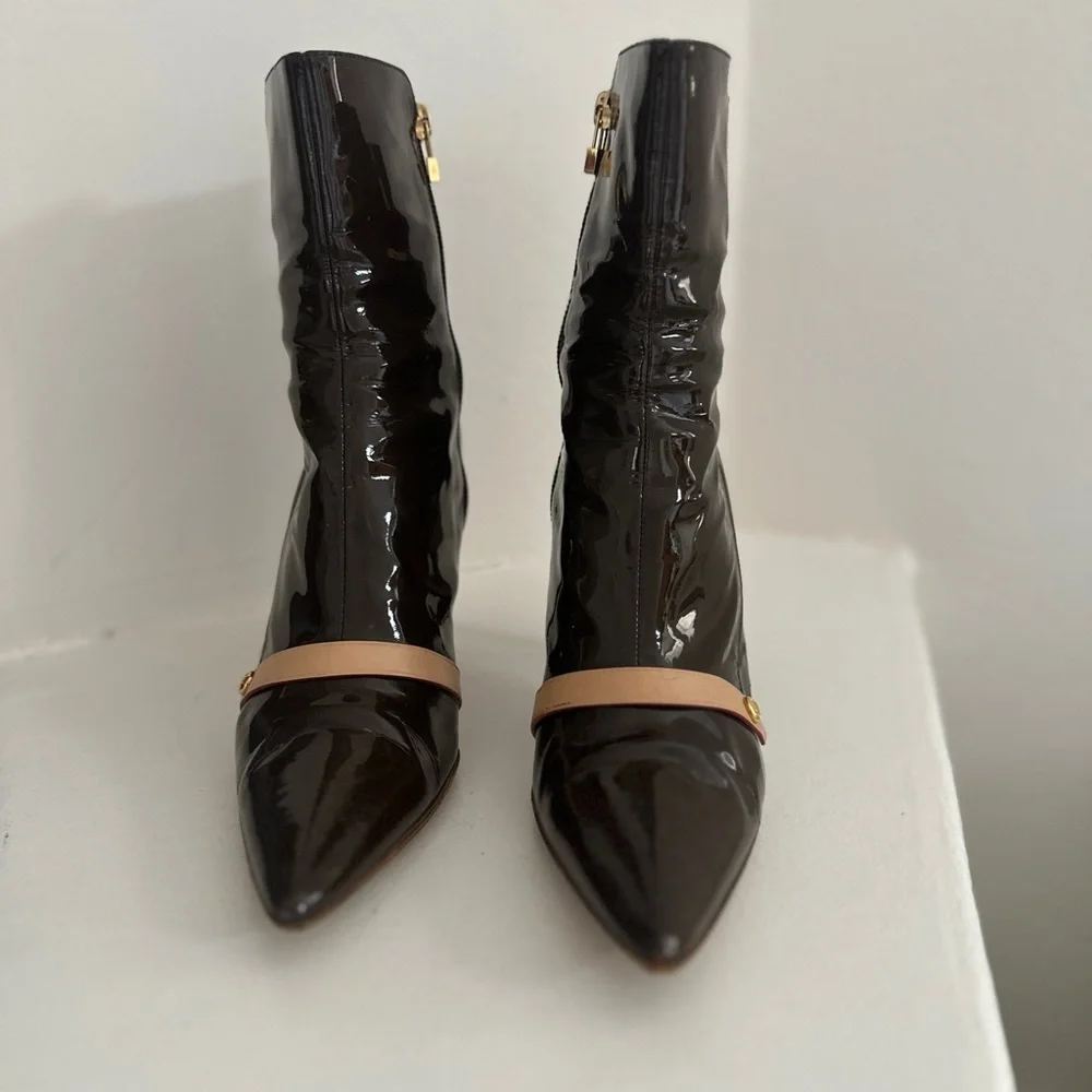 LOUIS VUITTON 🔒 LV Monogram Brown Patent Ankle Boots with Lock Charm Zip Sz 37.5 - Picture 6 of 11